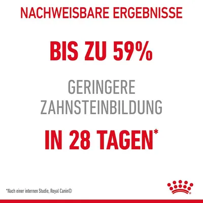 Texte en allemand : Nachweisbare Ergebnisse, bis zu 59 % geringere Zahnsteinbildung in 28 Tagen. *Nach einer internen Studie, Royal Canin.