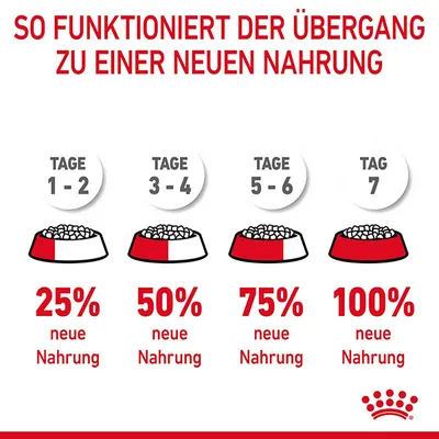 Anleitung für den Übergang zu neuer Nahrung: Tage 1-2 25% neue Nahrung, Tage 3-4 50%, Tage 5-6 75%, Tag 7 100%.
