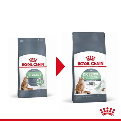 Два пакета Royal Canin Care Digestive за котки, стара и нова опаковка. Видим текст: 'PROVEN RESULTS -49%' и 'PROVEN RESULTS 95%'. Котка е изобразена на двата пакета.