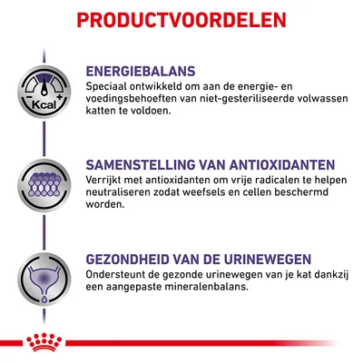 Productvoordelen: energiebalans voor niet-gesteriliseerde volwassen katten, samenstelling van antioxidanten ter bescherming van cellen, gezondheid van de urinewegen door mineralenbalans.