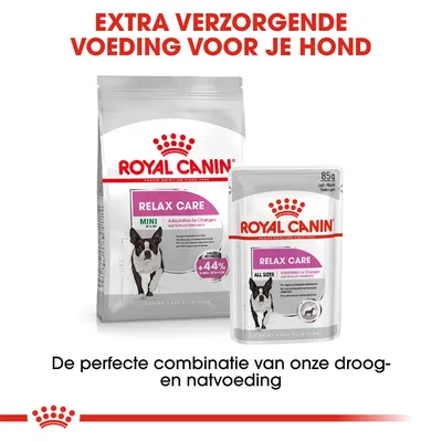 Royal Canin Relax Care hondenvoer, droog- en natvoeding. Tekst: Extra verzorgende voeding voor je hond. De perfecte combinatie van onze droog- en natvoeding.