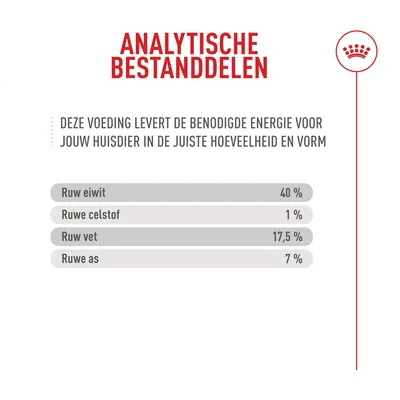 Analytische bestanddelen: ruw eiwit 40%, ruwe vezel 1%, ruw vet 17,5%, ruwe as 7%. Energievoorziening voor huisdieren in de juiste hoeveelheid en vorm. Analytische bestanddelen: ruw eiwit 40%, ruwe vezel 1%, ruw vet 17,5%, ruwe as 7%. Energievoorziening voor huisdieren in de juiste hoeveelheid en vorm.