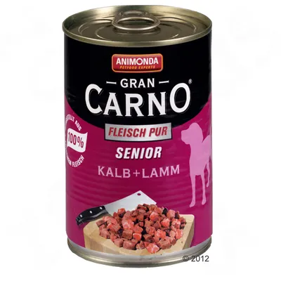 Консерва Animonda Gran Carno Fleisch Pur Senior Kalb + Lamm. Видими парчета месо, надписи на немски: 100% Fleisch, Fleisch Pur, Senior, Kalb + Lamm.