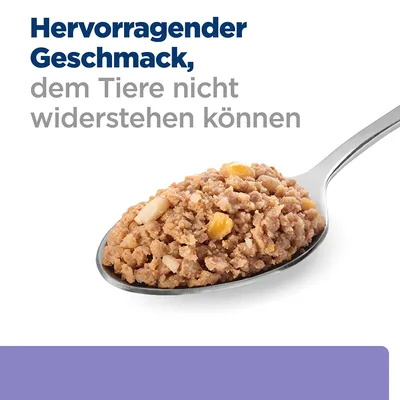 Hervorragender Geschmack, dem Tiere nicht widerstehen können (текст на немецком языке) и ложка с влажным кормом для животных.
