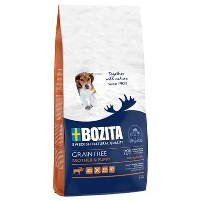 Bozita Grain Free Mother & Puppy, calitate suedeză, 76% proteină animală, cu elan, fără OMG, 30% proteină, 16% grăsime, 2kg.
