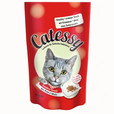 Catessy Knabber-Snack mit Rind & Malz, 65 g, kevesebb mint 2 kalória darabonként. Knackig + cremiger Snack mit Vitaminen + Malz, ohne Zuckerzusatz. Cica képe a csomagoláson.