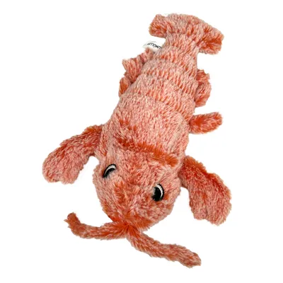 Pluche speelgoed in de vorm van een oranje kreeft met geborduurde ogen en zacht materiaal.