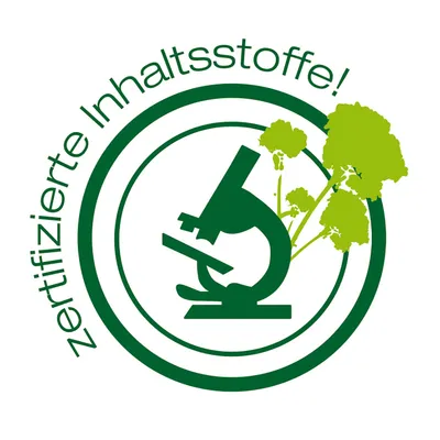 Zertifizierte Inhaltsstoffe, Symbol eines Mikroskops mit grünen Pflanzen im Hintergrund.