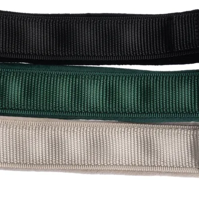 Drei Hundehalsbänder aus Nylon in den Farben Schwarz, Grün und Beige nebeneinander dargestellt.