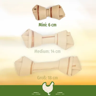 Kauknochen in drei Grössen: Mini 6 cm, Medium 14 cm, Gross 18 cm. Hintergrund zeigt Huhn-Symbol.
