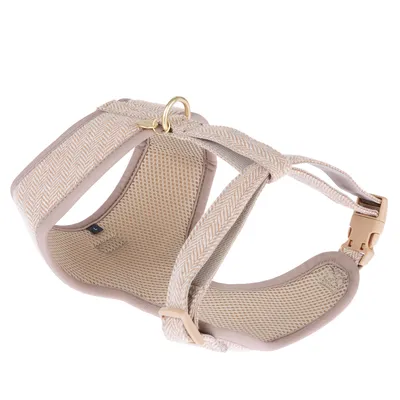 Beige hundesele i åndbart mesh-materiale med guldfarvet D-ring og kliklås. Størrelse L synlig på etiketten.