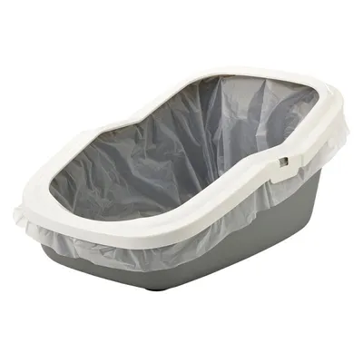 Kattenbak van grijs plastic met witte rand en doorzichtige plastic inlegzak, zonder zichtbaar merk of extra accessoires.