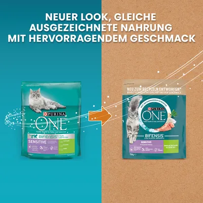Purina ONE Sensitive Katzenfutter. Neuer Look, gleiche ausgezeichnete Nahrung mit hervorragendem Geschmack. Verpackung jetzt zum Recyceln entworfen.