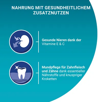 Nahrung mit gesundheitlichem Zusatznutzen: Gesunde Nieren dank Vitamine E & C. Mundpflege für Zahnfleisch und Zähne dank essentieller Nährstoffe und knuspriger Kroketten.