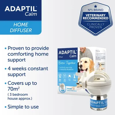 Adaptil Calm Home Diffuser, proven to provide comforting home support, offers 4 weeks constant support, covers up to 70m² and is simple to use. Veterinary recommended and clinically proven.