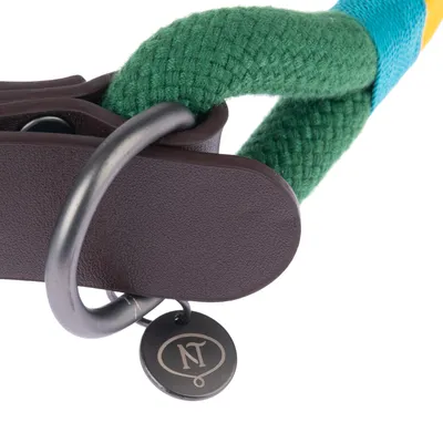 Primo piano di un collare per cani in pelle marrone con corda in tessuto verde e blu, anello in metallo e ciondolo con logo NT.