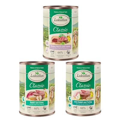 Lukullus Classic comida húmeda para perros, variedades: Turkey Hearts and Goose, Rabbit and Game, Wild Rabbit and Turkey, lata de 400g, 66% ingredientes animales, aceites de calidad.