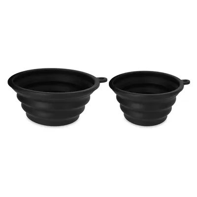 Două boluri pliabile din silicon negre, cu design striat și orificiu pentru prindere, ideale pentru călătorii.