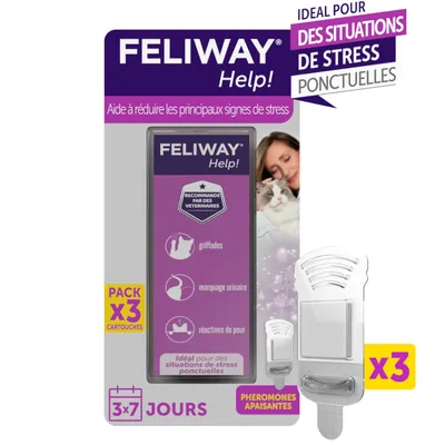 FELIWAY Help! Pack x3 cartouches, aide à réduire griffades, marquage urinaire, réactions de peur. Idéal pour situations de stress ponctuelles. 3x7 jours, phéromones apaisantes.