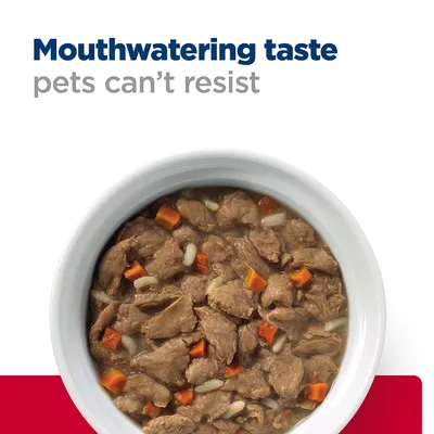 Bowl of wet food with visible meat chunks, rice and carrots. Text reads: Mouthwatering taste pets can’t resist.