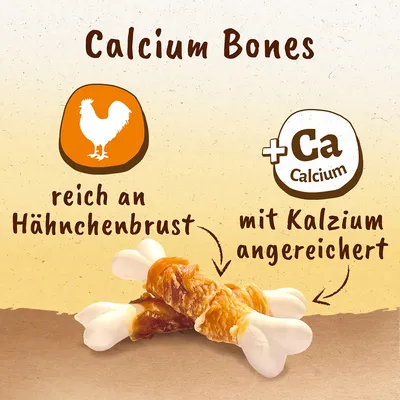 Calcium Bones, riche en filet de poulet, enrichi en calcium. Texte en allemand : reich an Hähnchenbrust, mit Kalzium angereichert. Deux friandises en forme d’os visibles.