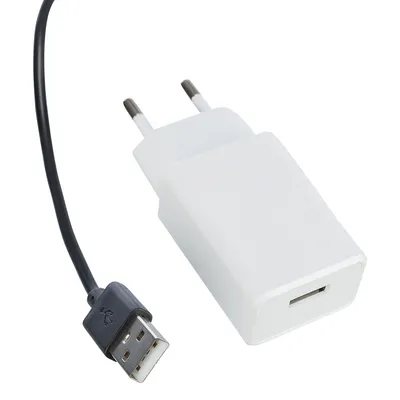 USB-polnilec z belim adapterjem in črnim kablom, primeren za naprave z USB-priključkom.