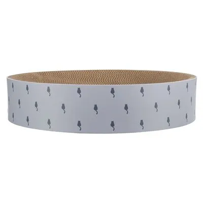 Ronde krabkarton van golfkarton met witte buitenrand, bedrukt met zwarte silhouetten van katten. Materiaal: karton.
