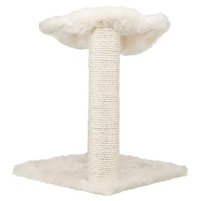 Cat tree with white plush cover, sisal scratching post and padded top lying surface.