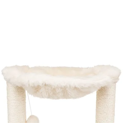 Cat tree with white plush bed and sisal-wrapped posts, suitable for cats to lie and scratch.
