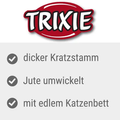 TRIXIE. dicker Kratzstamm, Jute umwickelt, mit edlem Katzenbett (teksti saksaksi)
