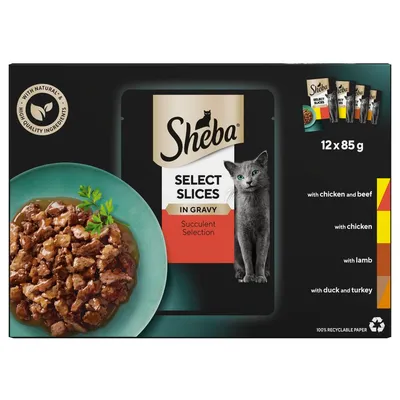 Sheba Select Slices in Gravy Succulent Selection, 12 x 85g. Includes chicken and beef, chicken, lamb, duck and turkey varieties. Made with natural, high quality ingredients.