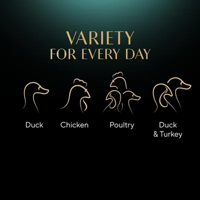 Variety for every day. Flavours shown: Duck, Chicken, Poultry, Duck and Turkey.