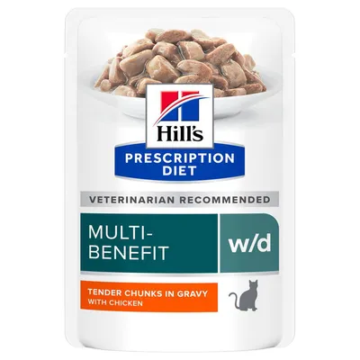Hill's Prescription Diet w/d Multi-Benefit, Tender Chunks in Gravy mit Huhn. Veterinarian Recommended. Verpackung zeigt Katzenfutter in Sosse.
