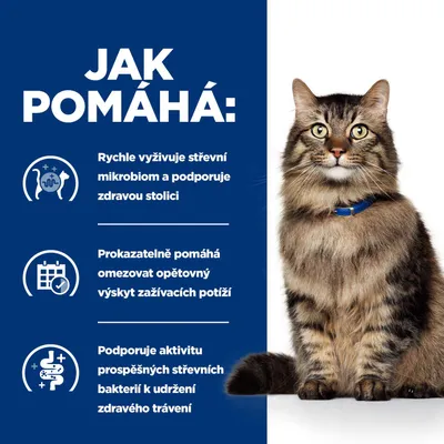 Grafika s textom v češtine: podpora črevného mikrobiómu, preukázaná pomoc pri tráviacich problémoch, podpora zdravých črevných baktérií. Mačka vpravo na obrázku. Grafika s textom v češtine: podpora črevného mikrobiómu, preukázaná pomoc pri tráviacich problémoch, podpora zdravých črevných baktérií. Mačka vpravo na obrázku.