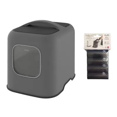 Grijze kattenbak met deksel en transparant luik, inclusief verpakking met drie rollen zwarte afvalzakken met pootafdrukmotief. Beide producten zijn volledig zichtbaar.