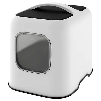 White cat litter box with black lid and transparent flap door, Rotho brand visible on the door.