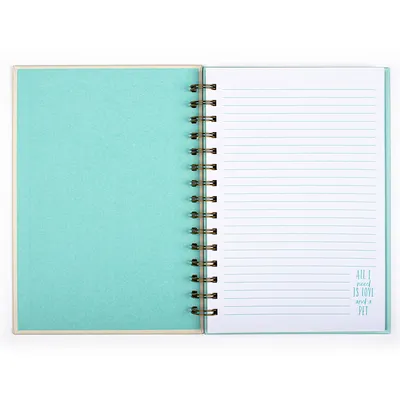 Σημειωματάριο με τιρκουάζ εξώφυλλο και γραμμές στις σελίδες. Κείμενο στη σελίδα: 'All I need is love and a pet'.