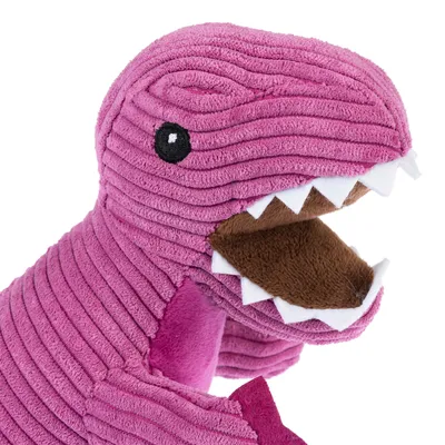 Lyserødt dinosaurusbamselegetøj med stribet tekstur, hvide tænder og brun inderside af munden.