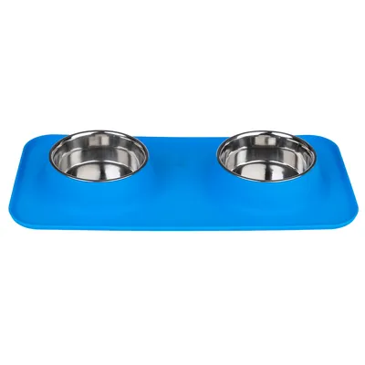 Double bowl set with two stainless steel bowls on a blue non-slip silicone mat.