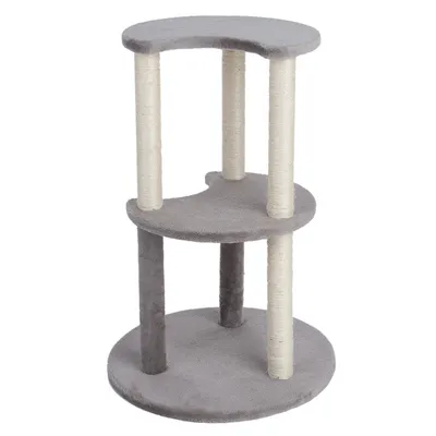 Árbol rascador gris con tres niveles y cuatro columnas envueltas en sisal, adecuado para trepar y rascar.