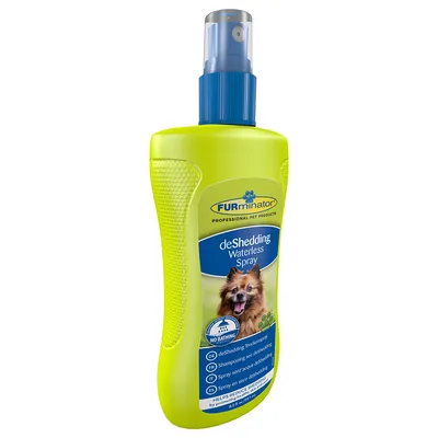FURminator deShedding Waterless Spray bottle with label stating no bathing required, helps reduce shedding, and instructions in multiple languages.