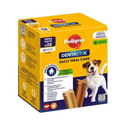 Pedigree Dentastix Daily Oral Care Mega Pack x28 for dogs 5-10kg. Reduces tartar build-up by up to 80%. Cleans hard-to-reach teeth. Supports dental health.