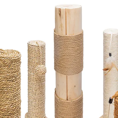 Scratching post columns made of wood and sisal, various designs with toy attachments such as feathers and balls.