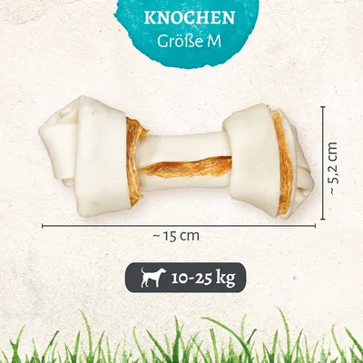 KNOCHEN Größe M rágócsont, méret: kb. 15 cm hosszú, 5,2 cm széles, ajánlott kutyáknak 10–25 kg között. Német nyelvű felirat a képen.