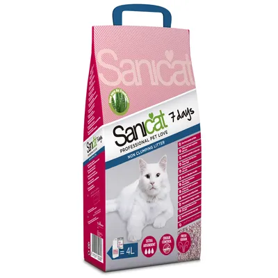 Sanicat 7 days Professional Pet Love kattsand, non clumping litter, extra absorberande, odörkontroll, fräsch doft, 4L förpackning. Bild på vit katt och produktinformation.