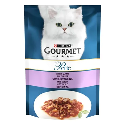 Purina Gourmet Perle, корм для кошек с дичью. На упаковке изображено измельченное мясо и лист базилика.