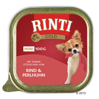 RINTI Gold MINI 100G, mit feinen Stückchen von Rind & Perlhuhn. Billede af lille hund på emballagen. Tekst på tysk.