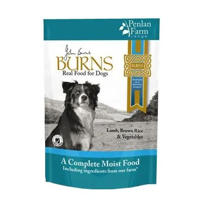 Burns Real Food for Dogs Penlan Farm Range, Lamb, Brown Rice & Vegetables. A Complete Moist Food. Including ingredients from our farm. Image of a dog on the packaging.