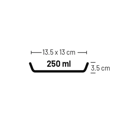 Dimensiuni și capacitate: 13,5 x 13,5 cm, înălțime 3,5 cm, volum 250 ml.