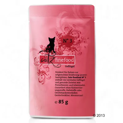 Catz finefood N° 3 Geflügel, 85 g. Текст на немски: Feinkost für Katzen zur artgerechten Ernährung unserer Samtpfoten. Без консерванти, оцветители или овкусители. Генно не модифициран.